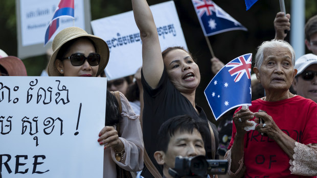 Cambodians rally to protest human rights abuses in their homeland during the Sydney visit of Cambodian Prime Minister Hun Sen in March 2018.