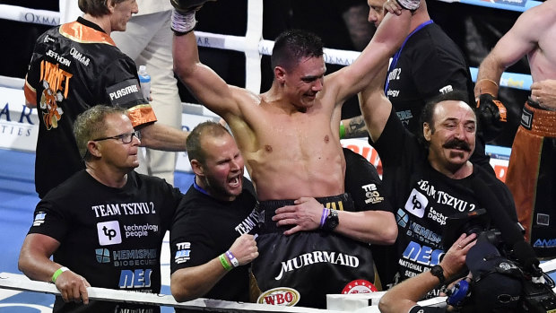 Tim Tszyu celebrates his win over Jeff Horn in Townsville.