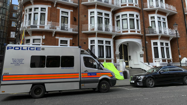 A police van parked outside the Ecuadorian embassy in London after Julian Assange was arrested. 