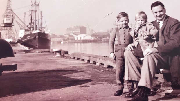 Jack Henshall, his eldest son Andrew and his eldest daughter Jane, at North Wharf in 1961. 
