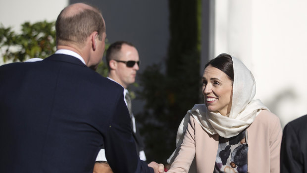 Prince William shakes hands with New Zealand Prime Minister Jacinda Ardern during a visit to the Al Noor mosque in Christchurch on Friday.