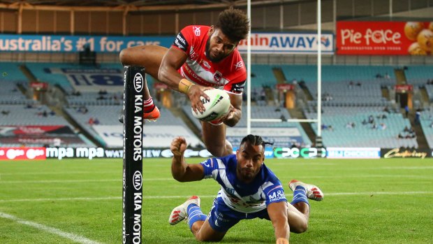 Jumping at the chance: Mikaele Ravalawa has scored seven tries in his brief career but none more spectacular this.