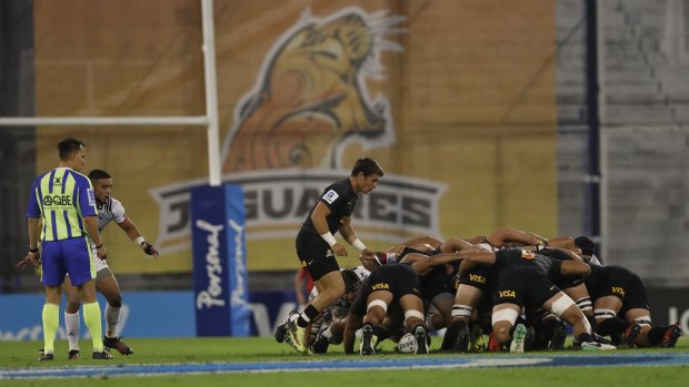 Well travelled: Argentina's Jaguares and New Zealand's Crusaders at the scrum.