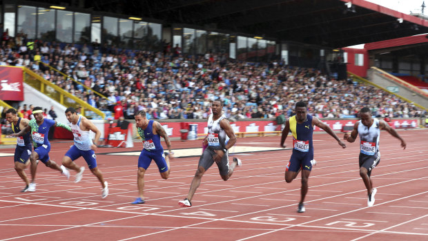 Jamaica's Yohan Blake (third right) claimed the win in the men's 100 metres.