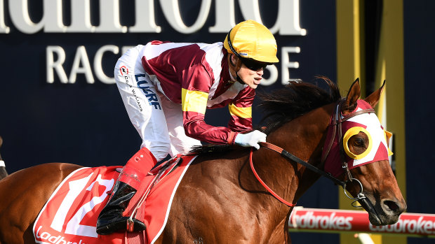 Fierce Impact takes the Toorak Stakes at Caulfield in the blinkers 