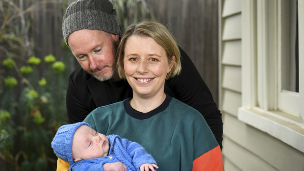 Mollie Tregillis with three month-old baby Arthur and her partner Andrew McRobert.