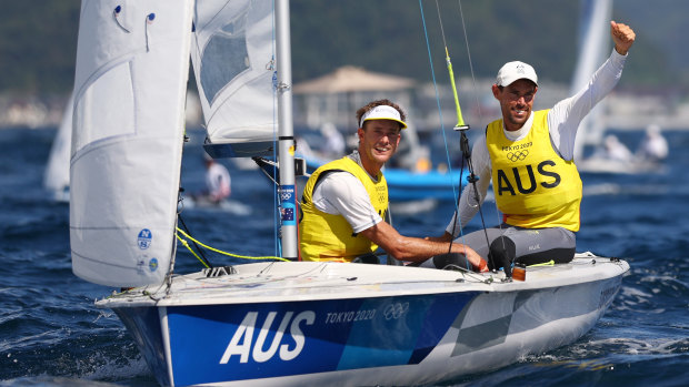Mathew Belcher (right) and Will Ryan are all but guaranteed Australia’s second gold of the sailing regatta in the men’s 470 class.