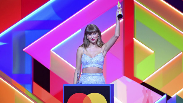 Taylor Swift accepts the Global Icon award during the Brit Awards in May.