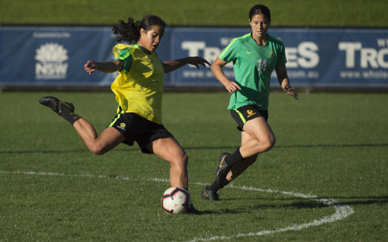 On the ball: Matildas teenager Mary Fowler training with the team on Tuesday in Sydney.