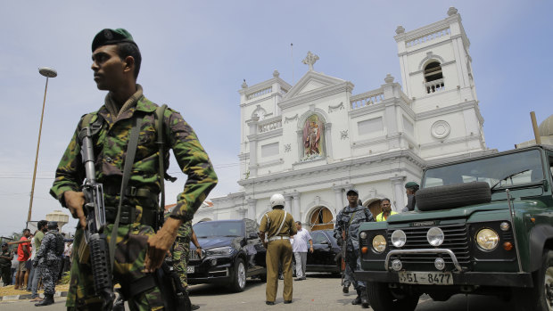 Sri Lankan Army soldiers secure the area around St Anthony's Shrine after a blast in Colombo.