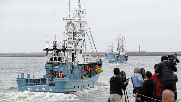 A whaling boat leaves a port in Kushiro, Hokkaido, northern Japan, on Monday.