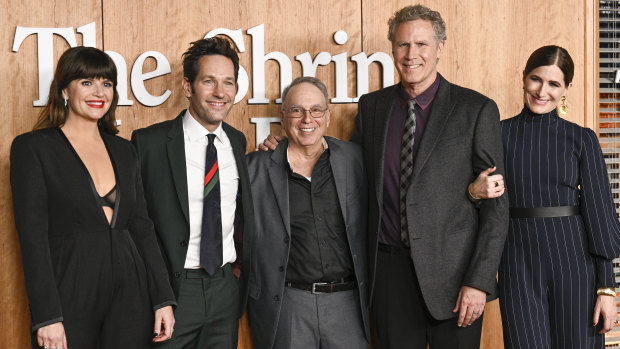The cast of The Shrink Next Door with Marty Markowitz (centre), whom the show is based on. 