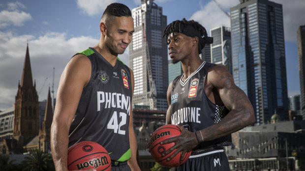 Phoenix’s Tai Wesley (left) and Melbourne United’s Casey Prather in their home strips.