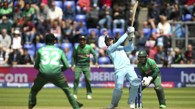 Belter: Jason Roy smashes a boundary in England's big win.