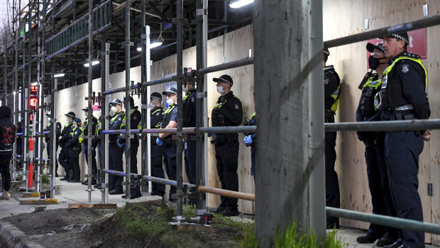 Police at the building site on Wednesday morning. 