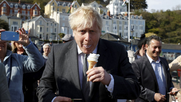 Britain’s Prime Minister Boris Johnson visits Llandudno in Wales,  as he campaigns on behalf of the Conservative Party for local elections. 