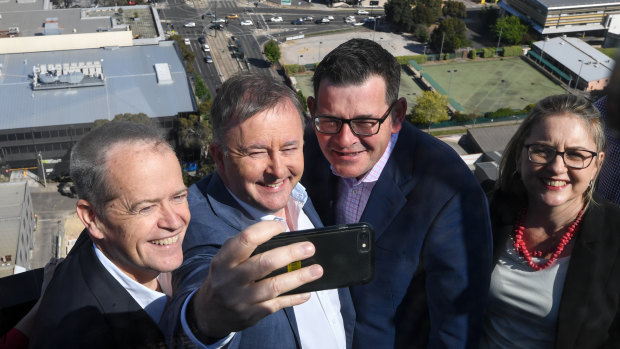 Federal Opposition Leader Bill Shorten, federal MP Anthony Albanese, Premier Daniel Andrews and Public Transport Minister Jacinta Allan on Sunday announcing joint funding for the suburban rail loop plan. 
