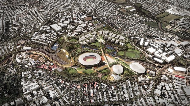 Archipelago’s Brisbane Bold proposal. The Quirk report recommended a less ambitious development, including just a stadium in the north-west corner of Victoria Park.