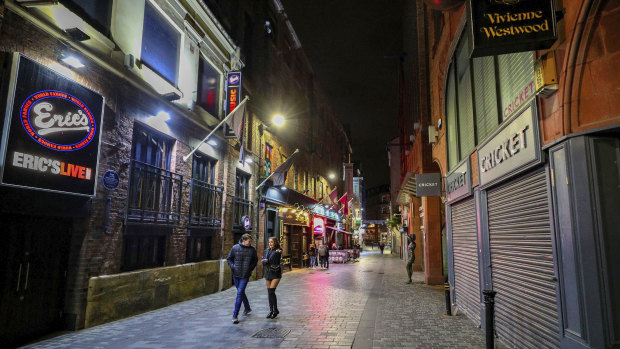 An empty looking Mathew Street in Liverpool, England as drinkers stay at home and follow coronavirus restrictions.