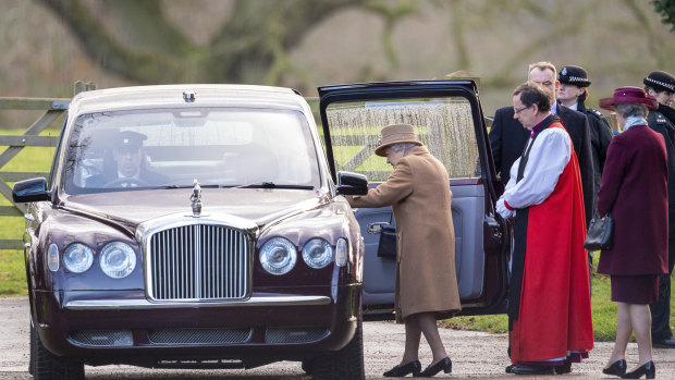 The Queen leaves a morning church service in Sandringham in England a day before the meeting with her grandson Prince Harry. 