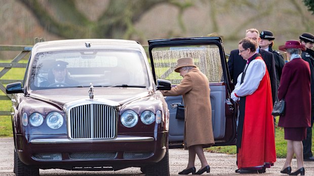 The Queen leaves a morning church service in Sandringham in England a day before the meeting with her grandson Prince Harry. 