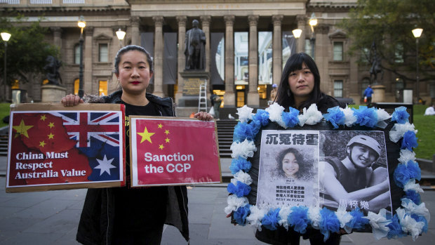 Caroline and Meimi from the Victorian Hong Kongers Association, a pro-democracy support group for Hong Kong in Melbourne on Thursday. 