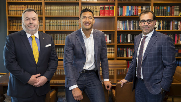 Stuart Wood, QC (left) with his client Israel Folau (centre) and legal collaborator George Haros (right).