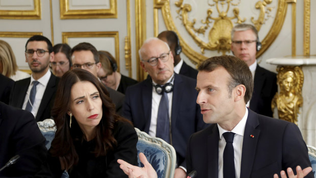French President Emmanuel Macron and New Zealand's Prime Minister Jacinda Ardern attend a meeting at the Elysee Palace.