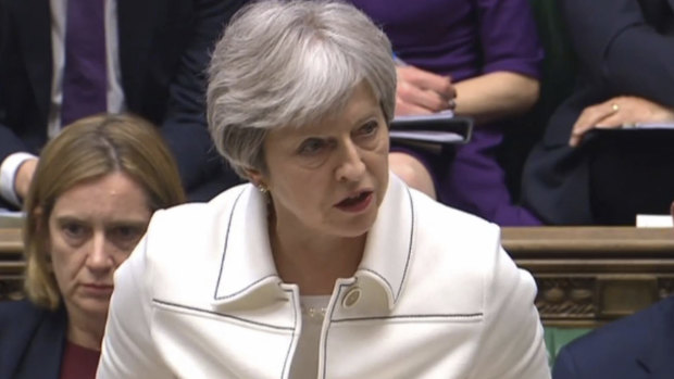 Britain's Prime Minister Theresa May makes a statement on the Syria strikes in the House of Commons in London on Monday.