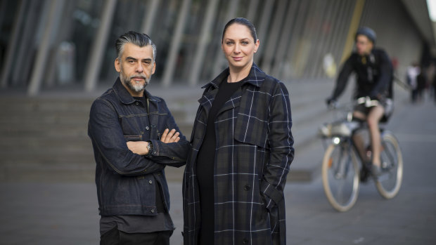 DENFAIR co-founder Claudio Oyarce and Melbourne Art Foundation CEO and director Maree Di Pasquale outside the Melbourne Convention and Exhibition Centre.