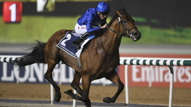 Blue cheer: Old Persian continues a day to remember for Godolphin in the Sheema Classic.