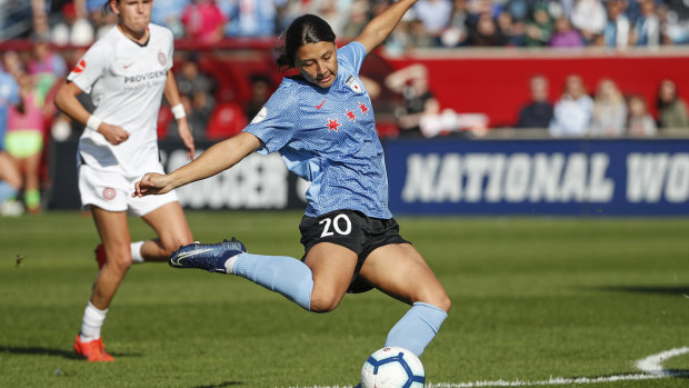 Sam on the spot: Chicago Red Stars forward Sam Kerr scores against the Portland Thorns FC during the first half of their NWSL playoffs semi-final.