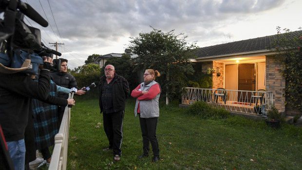 Neighbours Peter Wrighter and Tess Hanna speak to the media.