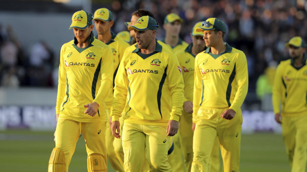 The Australia cricket team walk off the pitch after their defeat to England, during their One Day International (ODI) cricket match at the Emirates Riverside in Chester-le-Street, England.