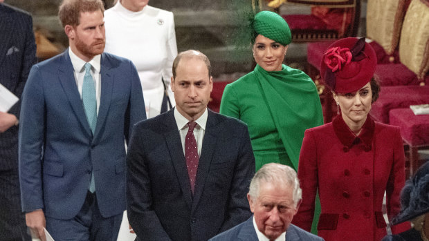 Prince Harry and Meghan, Duchess of Sussex, Prince William and Kate, Duchess of Cambridge, with Prince Charles.