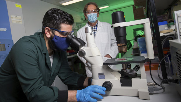 Harry Al-Wassiti (left)  and Colin Pouton are working on a COVID-19 vaccine at Monash University.
