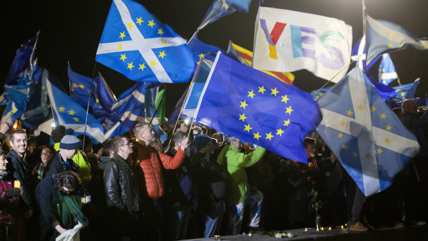 EU supporters gather outside the Scottish Parliament in Edinburgh after Britain left the European Union. 