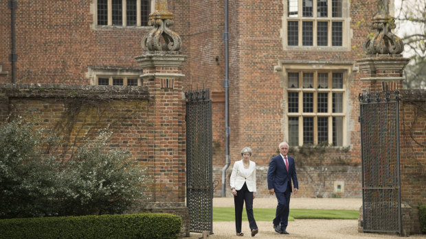 Theresa May welcomed Australian PM Malcolm Turnbull to Chequers in Buckinghamshire, England, in April.