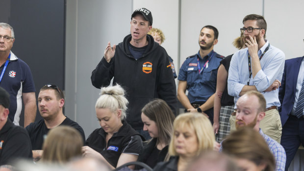 Community members express their frustration at yet another factory fire at a meeting in Broadmeadows.