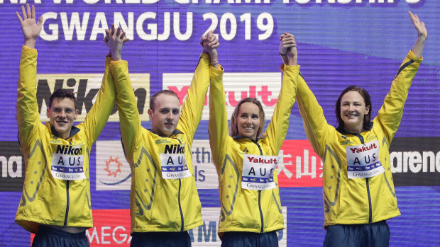 Australia’s mixed 4x100m medley relay team, from left, Mitch Larkin, Matthew Wilson, Emma McKeon and Cate Campbell at the 2019 world championships. 