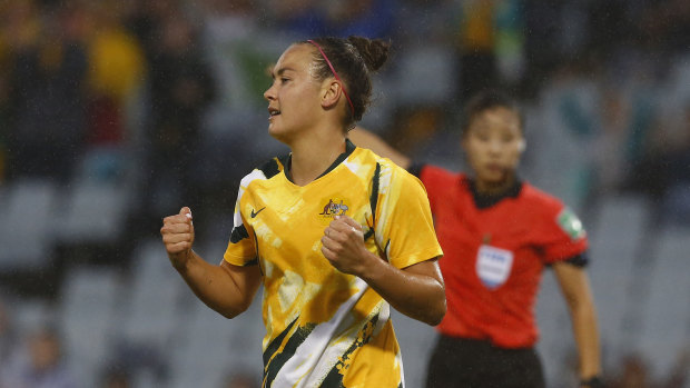 Caitlin Foord bagged a hat-trick in the Matildas' 7-0 demolition of Taiwan.