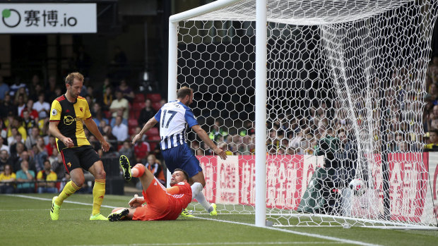 Own goal: A cross by Brighton and Hove Albion's Pascal Gross ends up in the net after being turned in by Watford's Abdoulaye Doucoure.