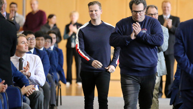 Warm welcome: Former Test captain Steve Smith visits Sydney's Knox Grammar School to talk about mental health.