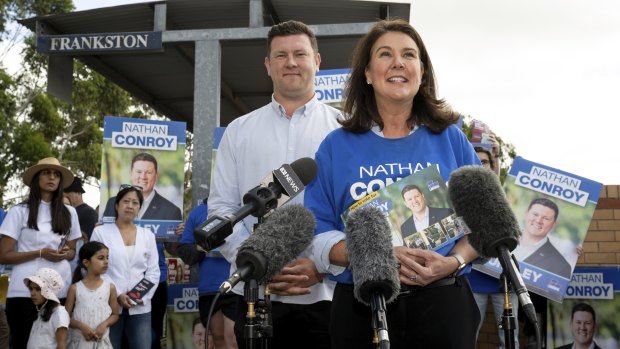 Liberal candidate Nathan Conroy was joined by Liberal Senator Jane Hume for a presser before he cast his vote in the Dunkley byelection.