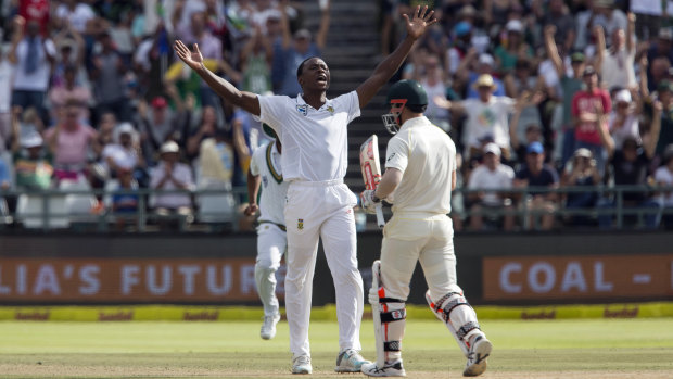 Kagiso Rabada celebrates the wicket of David Warner on the fourth day of the Third test
