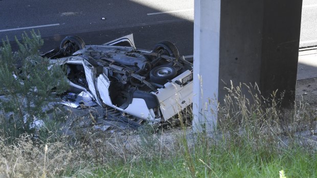 A man is in a critical condition in hospital after crashing this ute on the Monash Freeway at Springvale Road, Notting Hill. 