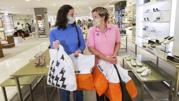 Katrina Bolmat (left) and Kate Brown at David Jones in Bourke Street Mall on Boxing Day.