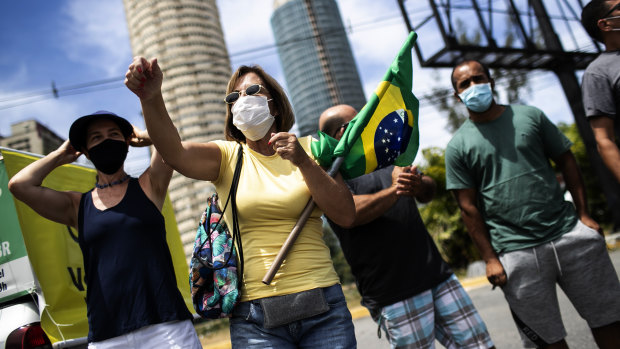 A group of demonstrators formed by former supporters of Brazil’s President Jair Bolsonaro protest against the government’s response to the pandemic in Rio de Janeiro on Sunday.