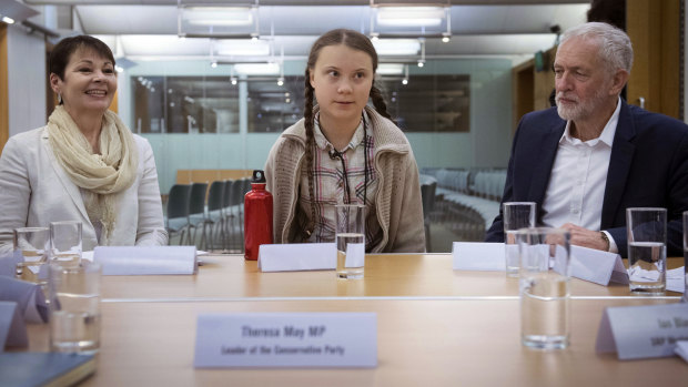 Swedish climate activist Greta Thunberg (centre) meets leaders of the UK political parties, including Green Party leader Caroline Lucas (left) and Labour leader Jeremy Corbyn (right).