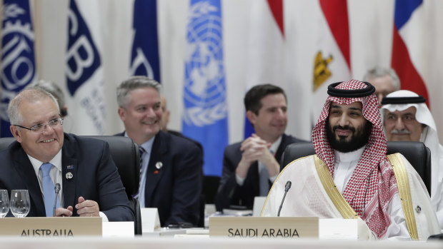Prime Minister Scott Morrison and  Saudi Arabia’s Crown Prince Mohammed bin Salman during the plenary session at the G20 summit in Osaka, Japan.